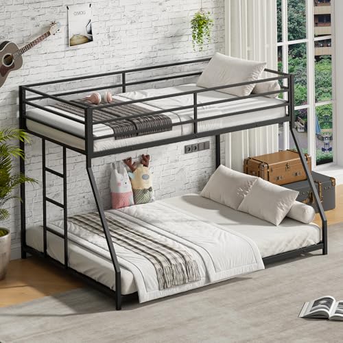 Heavy Duty Bunk Bed Frame with Ladder, Twin XL Over Twin XL Bunk Beds with Safety Guardrails, Adults Bunk Beds with Noise-Reducing Rubber Stoppers, Easy Assemble, Black