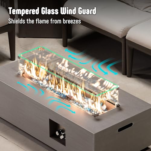 42’’ Propane Fire Pit Table Set with Tank Holder, CSA Certifed 50,000 BTU Outdoor Firepit Table, Wind Guard & Glass Stones, Smoke-Free Rectangular Fire Table for Garden Porch Backyard - Extra Cover