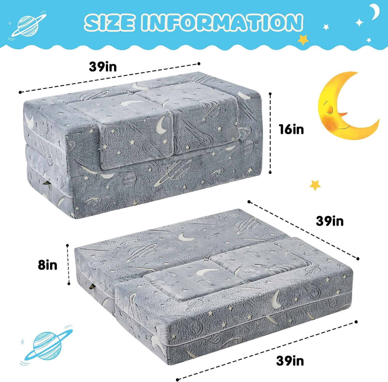 TELER Kids Couch Sofa Modular Toddler Couch, Glow in The Dark Sofa 3 in 1 Fold Out Kids Sofa with Washable and Durable Covers for Boys, Galaxy Stars