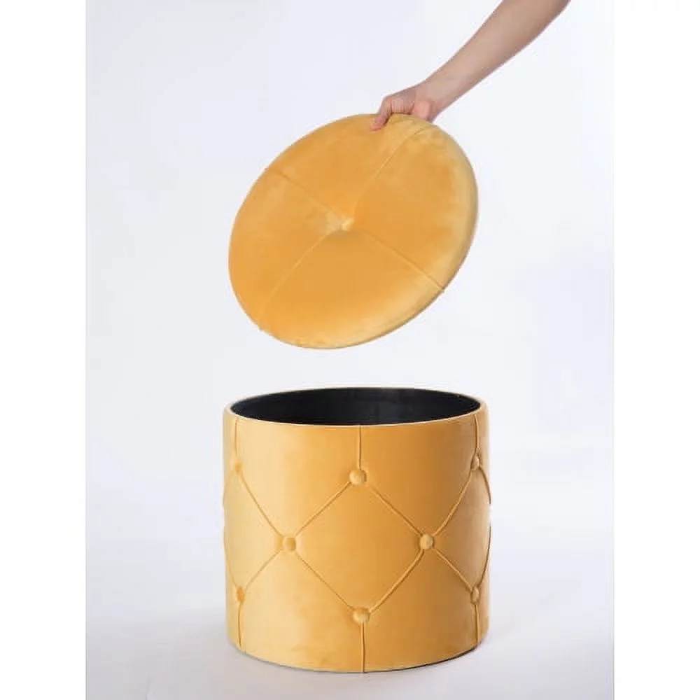 Fabulaxe  15.75 x 15.5 in. Round Wooden Velvet Ottoman Stool with Lid, Yellow