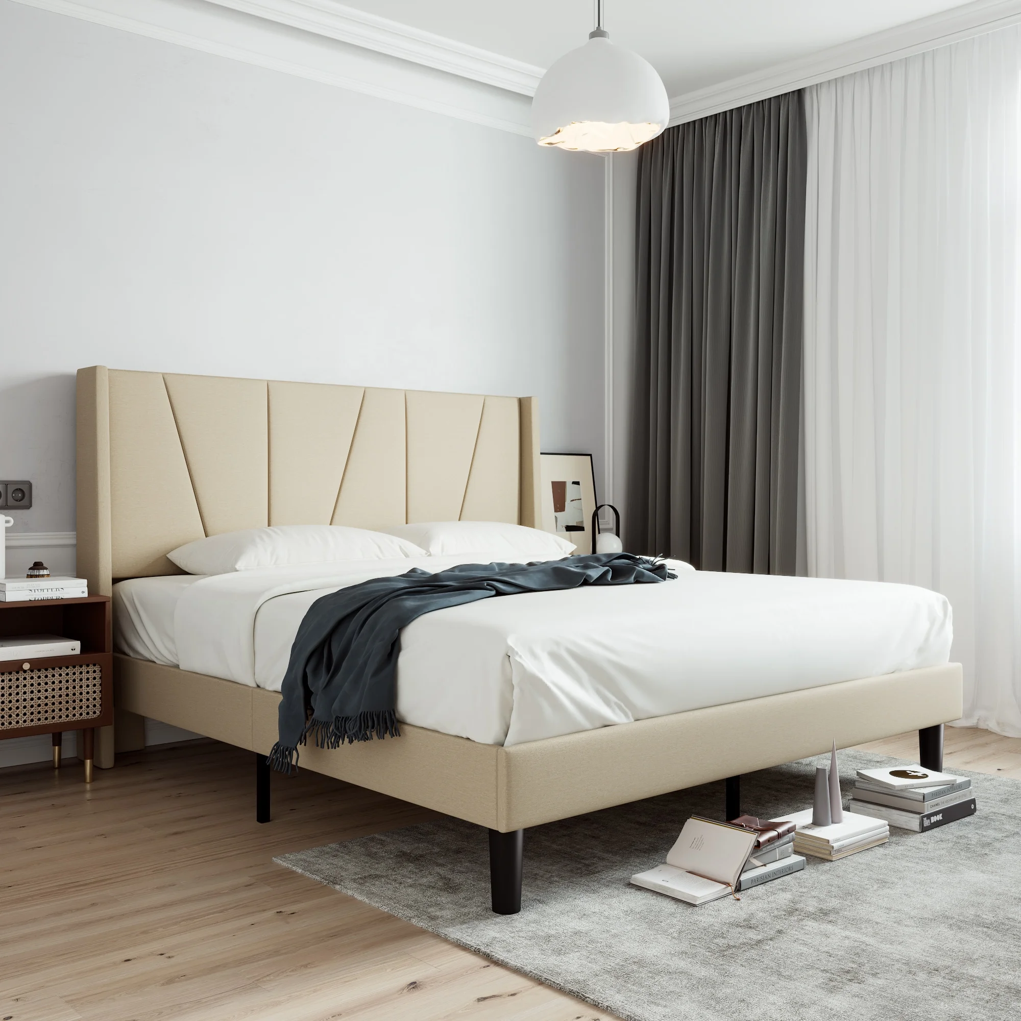 Sha Cerlin King Size Upholstered Platform Bed frame with Geometric Headboard and Wingback, Wood Slat Support, Beige