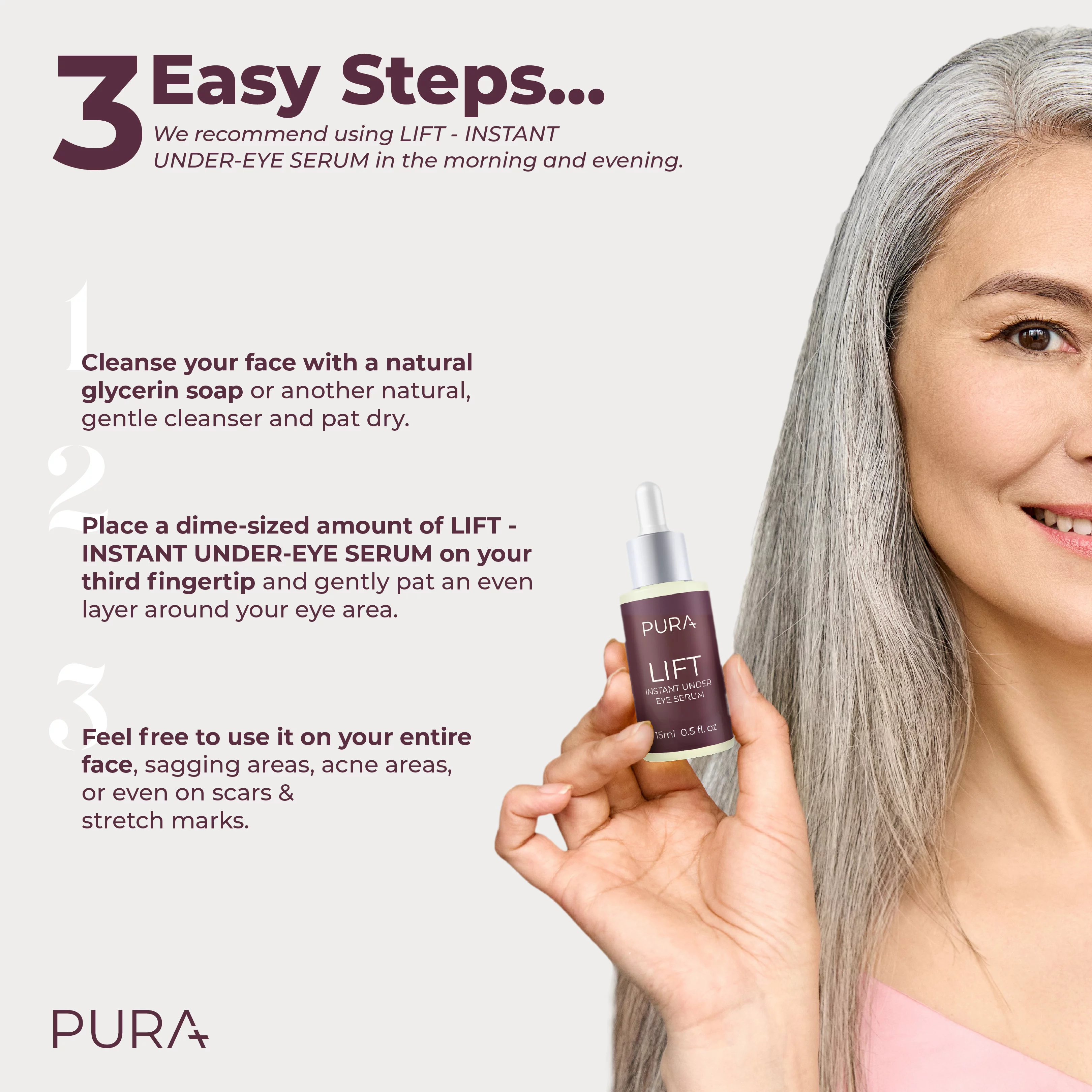 PURA Lift Instant Under Eye Serum - Advanced Dark Circle Reducer, Anti Aging Serum - Reduces Wrinkles, Under-Eye Puffy Bags, Fine Lines & Crow's Feet Instantly - Under Eye Instant Tightener, 3 Bottles