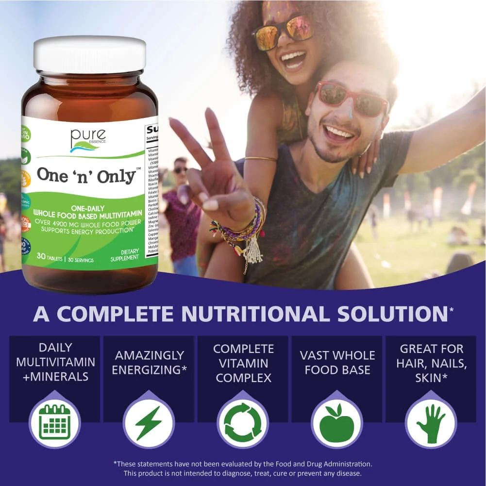 One N Only Multivitamin - One a Day Whole Food Supplement with Superfoods, Minerals, Enzymes, Vitamin D, D3, B12, Biotin by Pure Essence - 30 Tablets