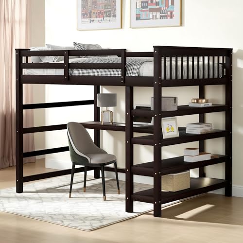 Full Size Loft Bed with L-Shaped Desk, Wardrobe and Storage Shelves, Solid Wood Bedframe w/Safety Guardrails & Ladder for Kids Teens Adults, Space Saving, No Box Spring Needed, White