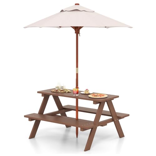 HONEY JOY Kids Picnic Table, Toddler Outdoor Table & Bench Set, Wooden Children Patio Furniture with Folding Umbrella, Kids Picnic Tables for Outdoors, Gift for Boys Girls