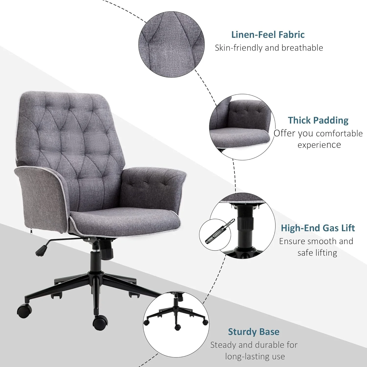 Vinsetto Linen Home Office Chair, Tufted Height Adjustable Computer Desk Chair With Swivel Wheels And Padded Armrests, Dark Gray