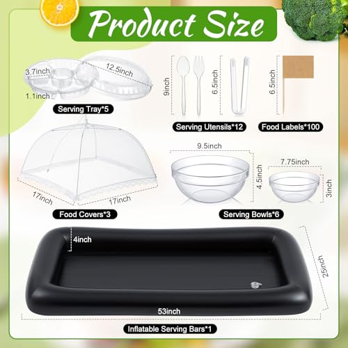 128 Pcs Inflatable Cooler for Parties 2 Inflatable Serving Bars Buffet Cooler for Parties 3 Food Cover 6 Salad Bowl 12 Serving Utensils 5 Plastic Appetizer Tray 100 Labels(Blue)