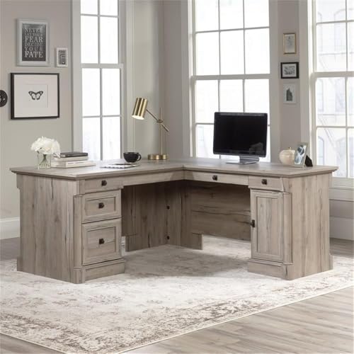 BOWERY HILL L-Shape Home Office Executive Desk with Large Drawers, Letter Size Hanging File Drawer and CPU Tower in Wind Oak Finish