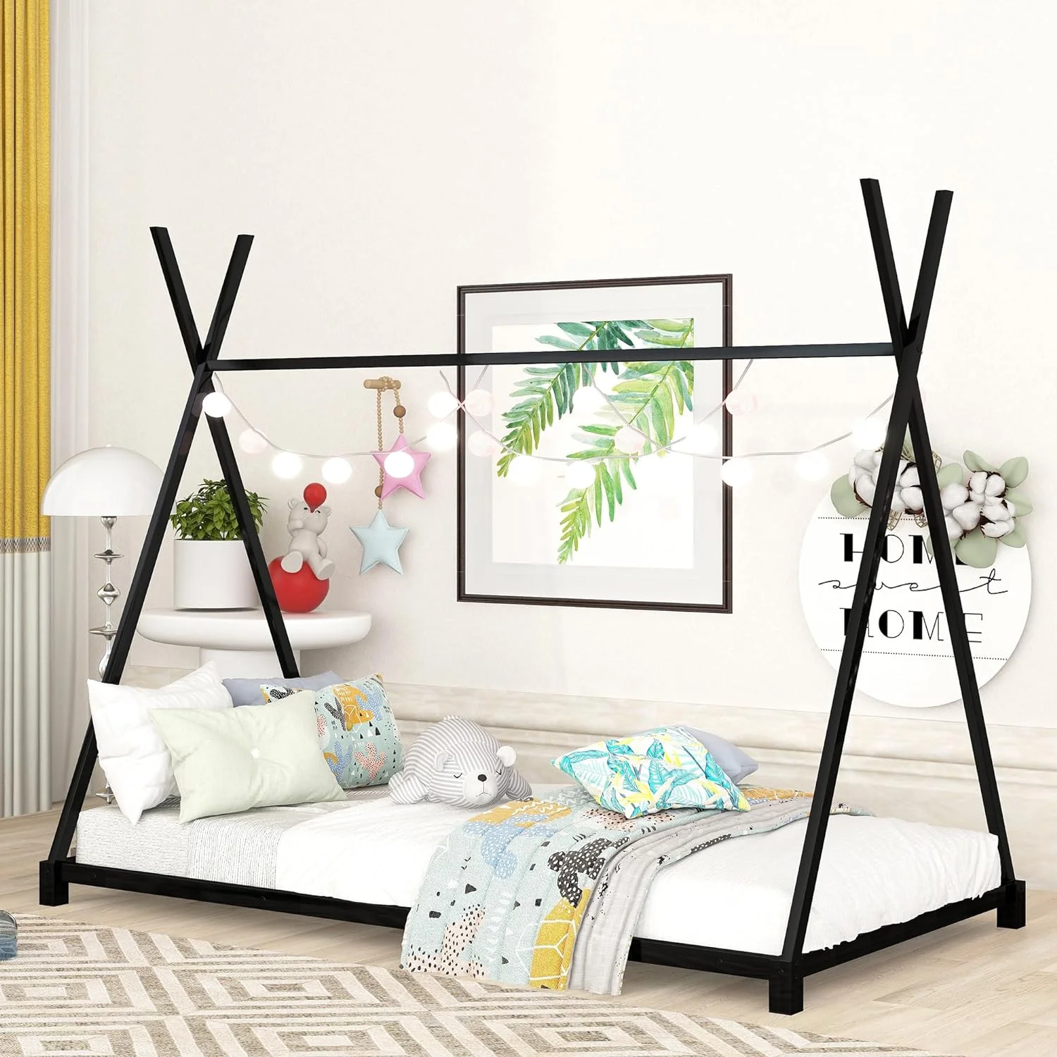 Teepee Bed Metal Toddler House Bed Frame Montessori Floor Beds For Kids Boys Girls Teens, White