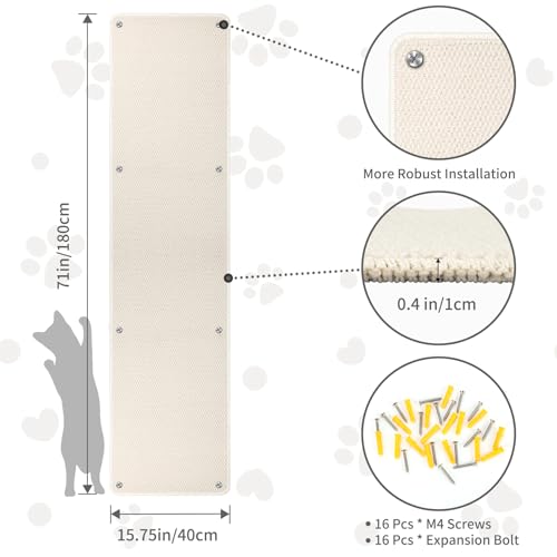 FHTONGE 71x15.8 Thickened Cat Wall Climbing Carpet with 16 Fixed Nails, Extra Large Tall Cat Scratch Pad for Wall, Wall Mounted Climbing Cat Scratcher for Furniture Couch Sofa Protector(Grey)