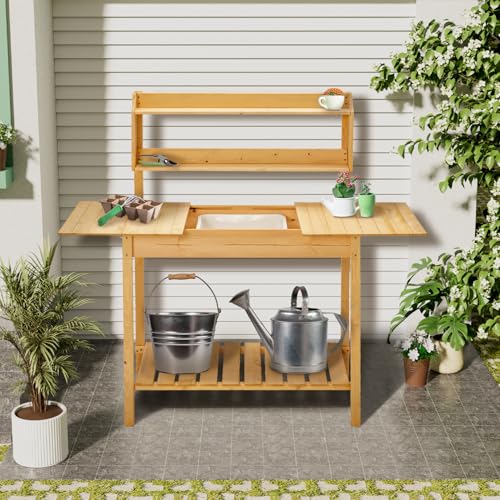 Potting Bench Table, Outdoor Garden Horticulture Wooden Workstation Benches w/Sliding Tabletop/Removable Sink/Storage Shelf