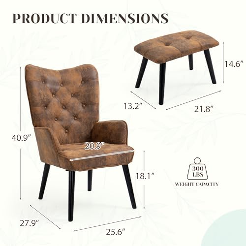 ECOTOUGE Accent Chair with Ottoman(Anti-Skid Feet Caps), Button Wingback Leisure Single Sofa, Arms Upholstered Tall Back Desk Chair for Bedroom, Reading(Brown)