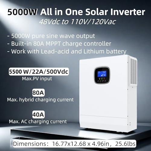 5000W Solar Inverter 48V to 120V, Pure Sine Wave Power Inverter 5kW Built-in 80A MPPT Charger, Max.PV Input 5.5kW,500V,22A, Work w/ 48V Lead Acid/Lithium Batteries for Home,RV,Truck