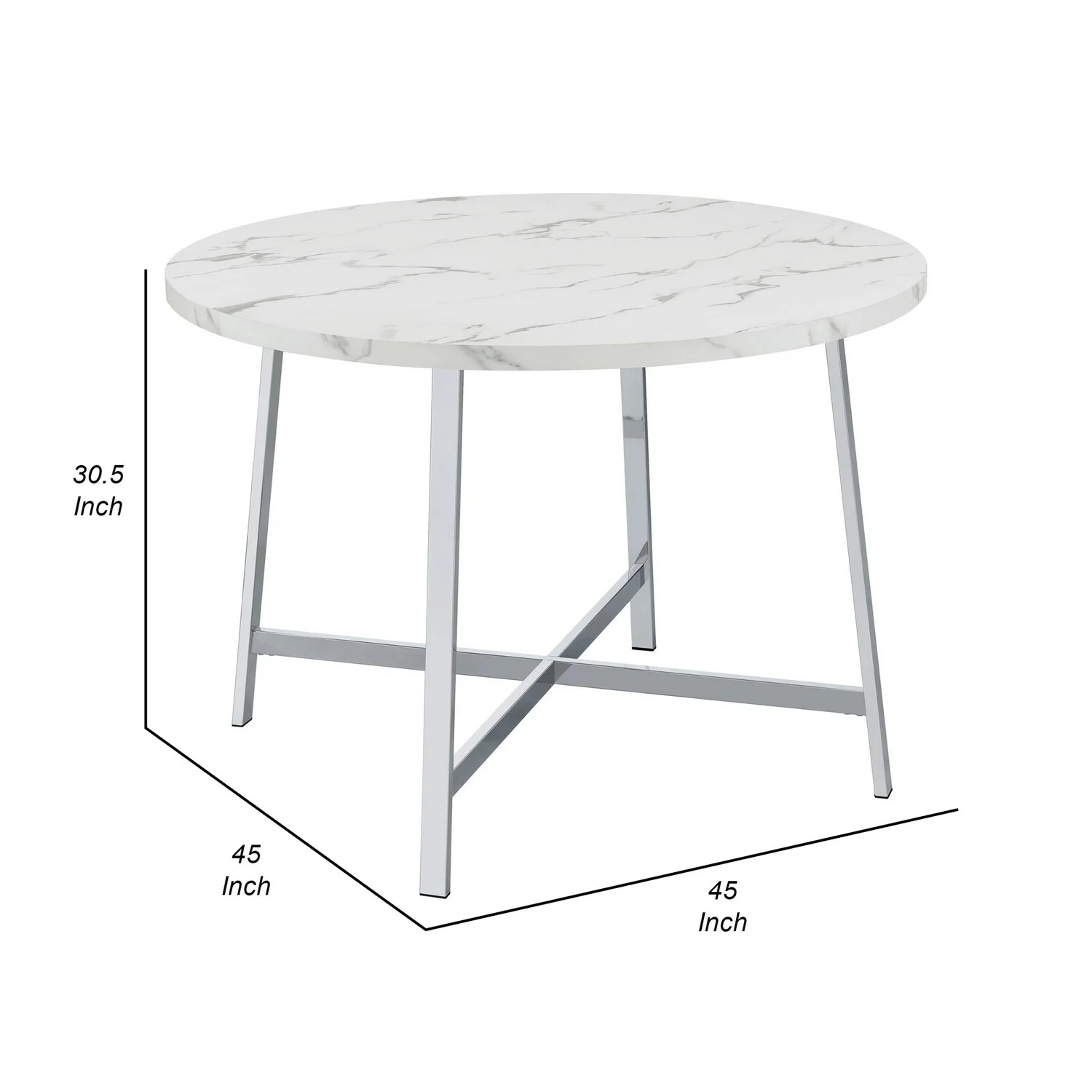 Benjara  45 in. Faux Carrara Round Marble Top Dining Table with Metal Legs, White, Chrome & Gray