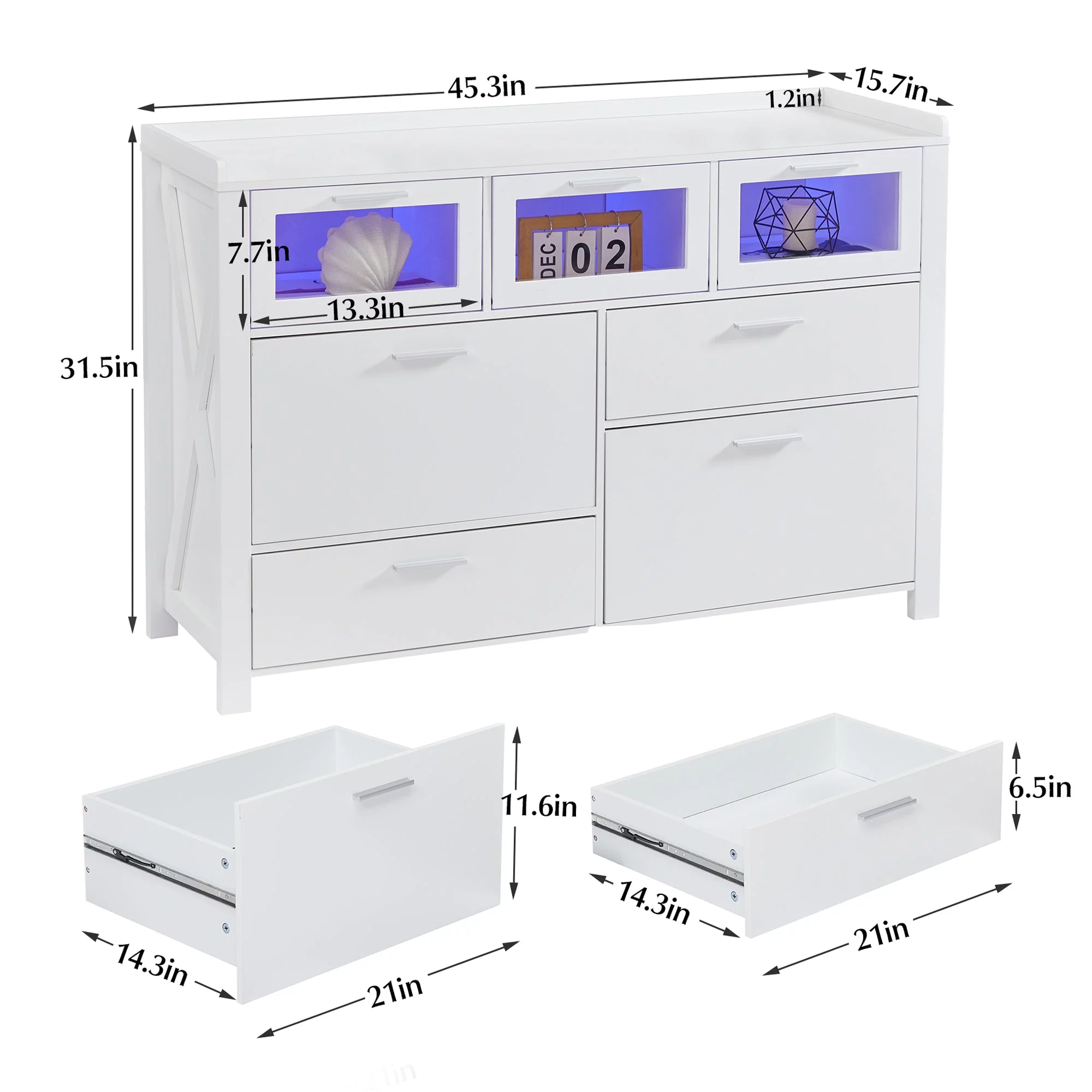 VECELO 3-Piece Modern Bedroom Set with 7 Drawers LED Dresser and 2 Nightstands with 2-Drawer, White