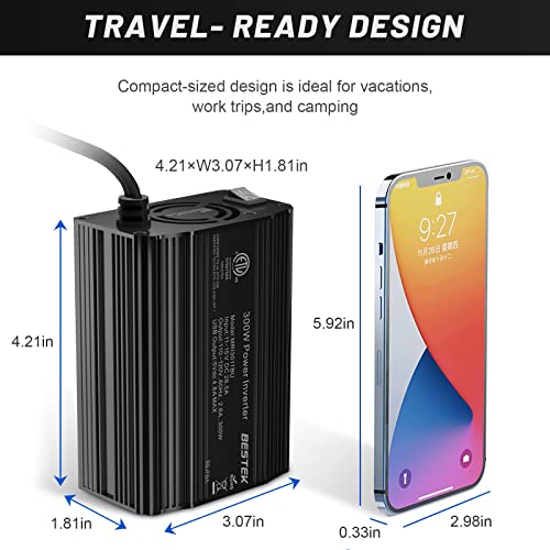 BESTEK 300W Power Inverter DC 12V to 110V AC, Durable Aluminum Housing Car Charger Adapter with 4.8A Dual USB Fast Charging Port, Car Plug in Cigarette Lighter Outlet for Phone, Laptop