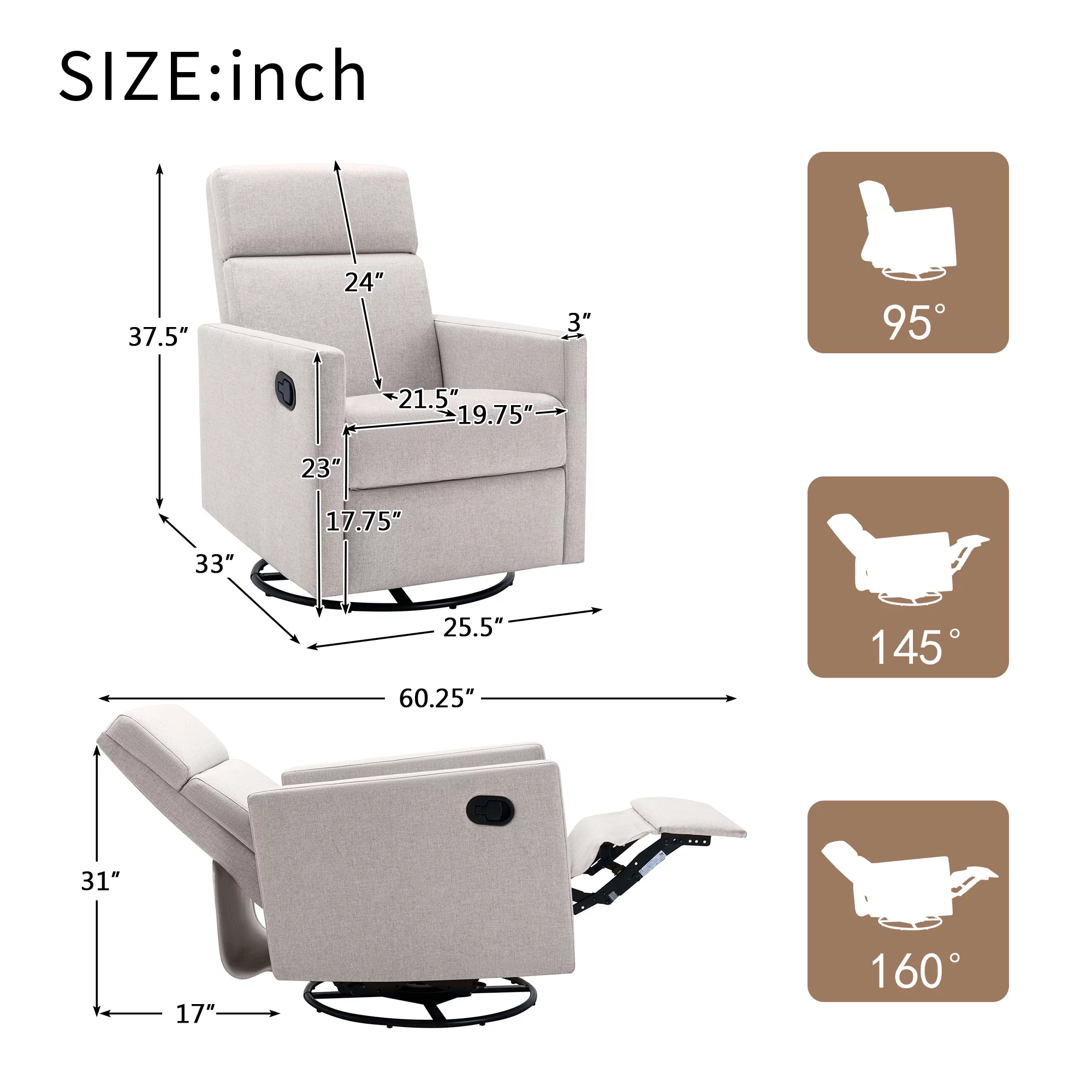 Lumary Modern Upholstered Rocker Nursery Chair Plush Seating Glider Swivel Recliner Chair, Tan