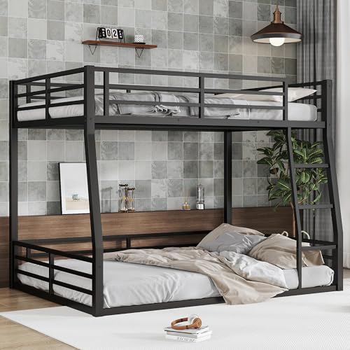 Heavy Duty Bunk Bed Frame with Ladder, Twin XL Over Twin XL Bunk Beds with Safety Guardrails, Adults Bunk Beds with Noise-Reducing Rubber Stoppers, Easy Assemble, Black