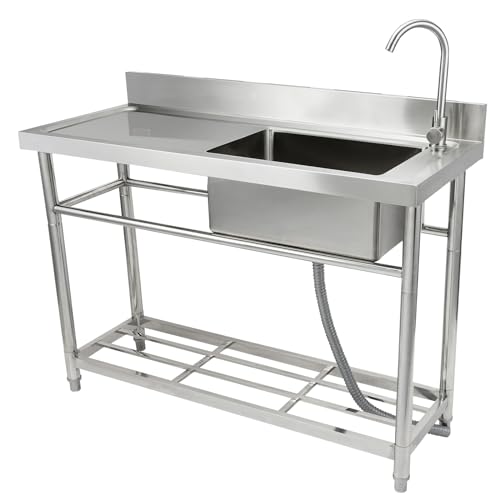 VEVOR Stainless Steel Utility Sink, 1 Compartment Free Standing Small Sink w/Workbench Faucet & legs, 39.4 x 19.1 x 37.4 in Commercial Single Bowl Sinks for Garage, Restaurant, Laundry