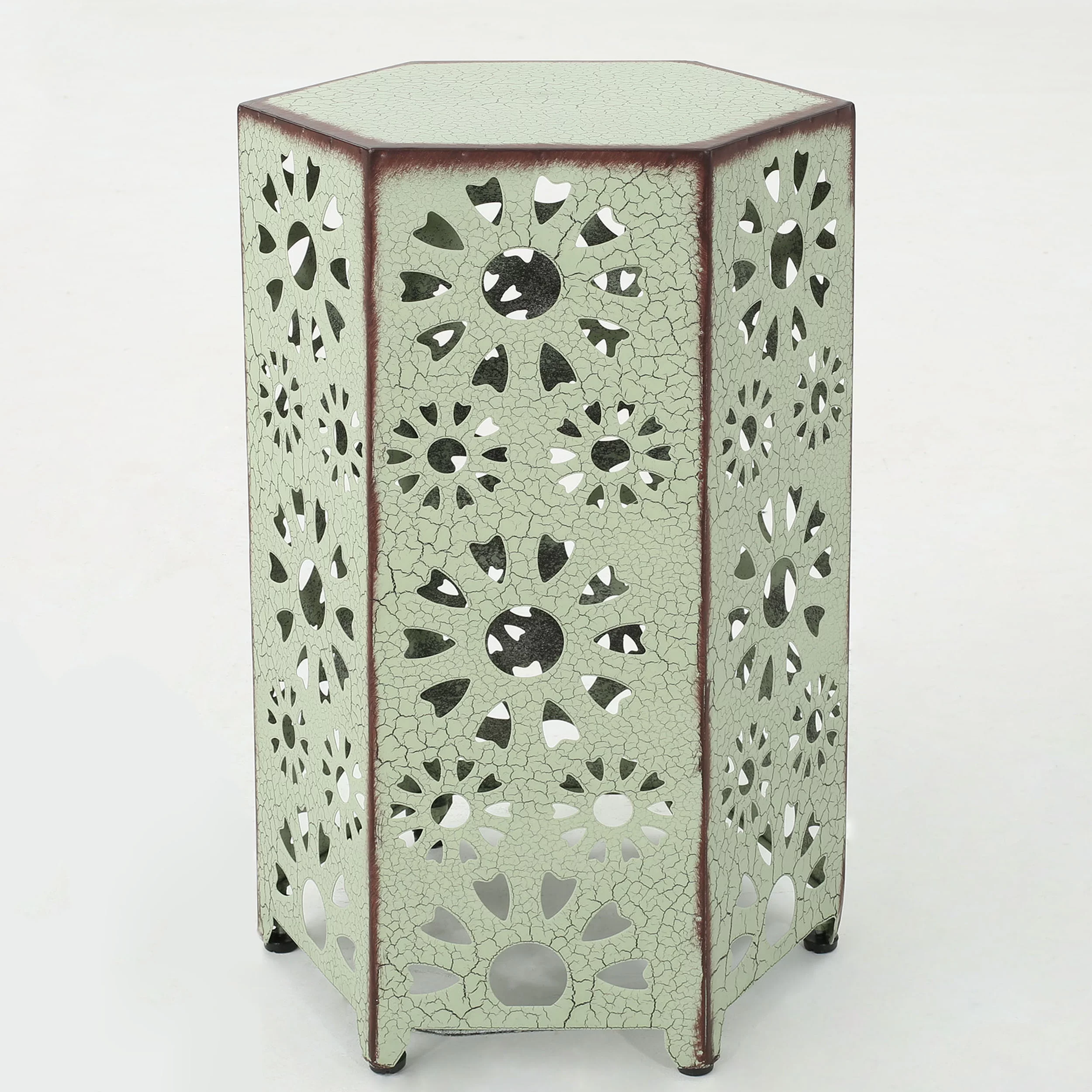 Noble House Vania 12 Inch and 14 Inch Sunburst Iron Side Table Set, Crackle Green