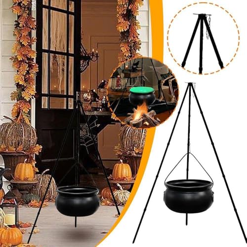 Halloween Decorations - Large Witches Cauldron on Tripod with Lights - Black Plastic Bowl Decor - Hocus Pocus Candy Bucket Decoration for Indoor Outdoor Home Party Supplies (130cm)