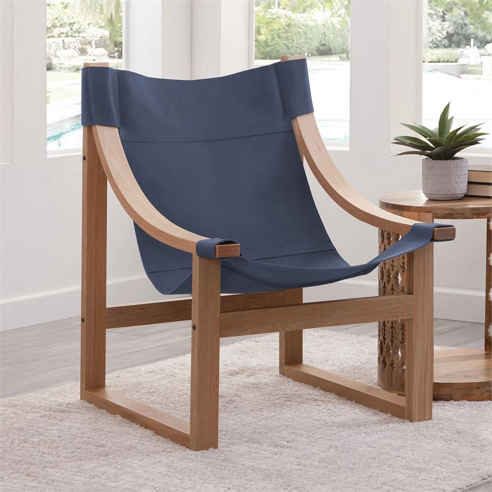 Bowery Hill Cobalt Blue Top Grain Leather and Solid Wood Sling Chair