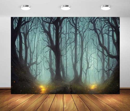 CORFOTO Haunted Mist Forest Backdrop 12x10ft Fabric Creepy Scene Dark Pathway Scary Trees Spooky Foggy Woods Background for Halloween Birthday Party Decorations Witch Photo Booth Studio Props