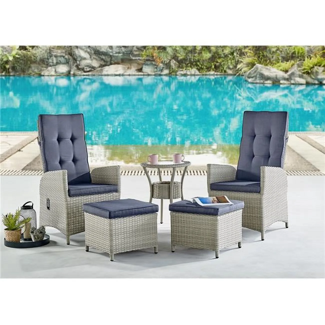 Haven All-Weather Wicker Outdoor Recliners with Two Ottomans & Round Glass Top Accent Table - Set of 2