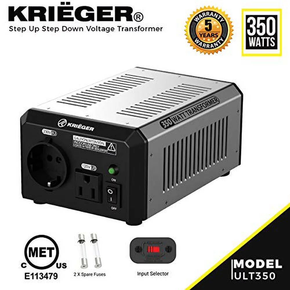 KRIEGER® 350 Watt Voltage Transformer 120V to from 230V AC outlet American European Step up down Converter 50 60 Hz outlets, IEC German Schuko Nema 5-15P cord connection MET certified to UL CSA ULT350