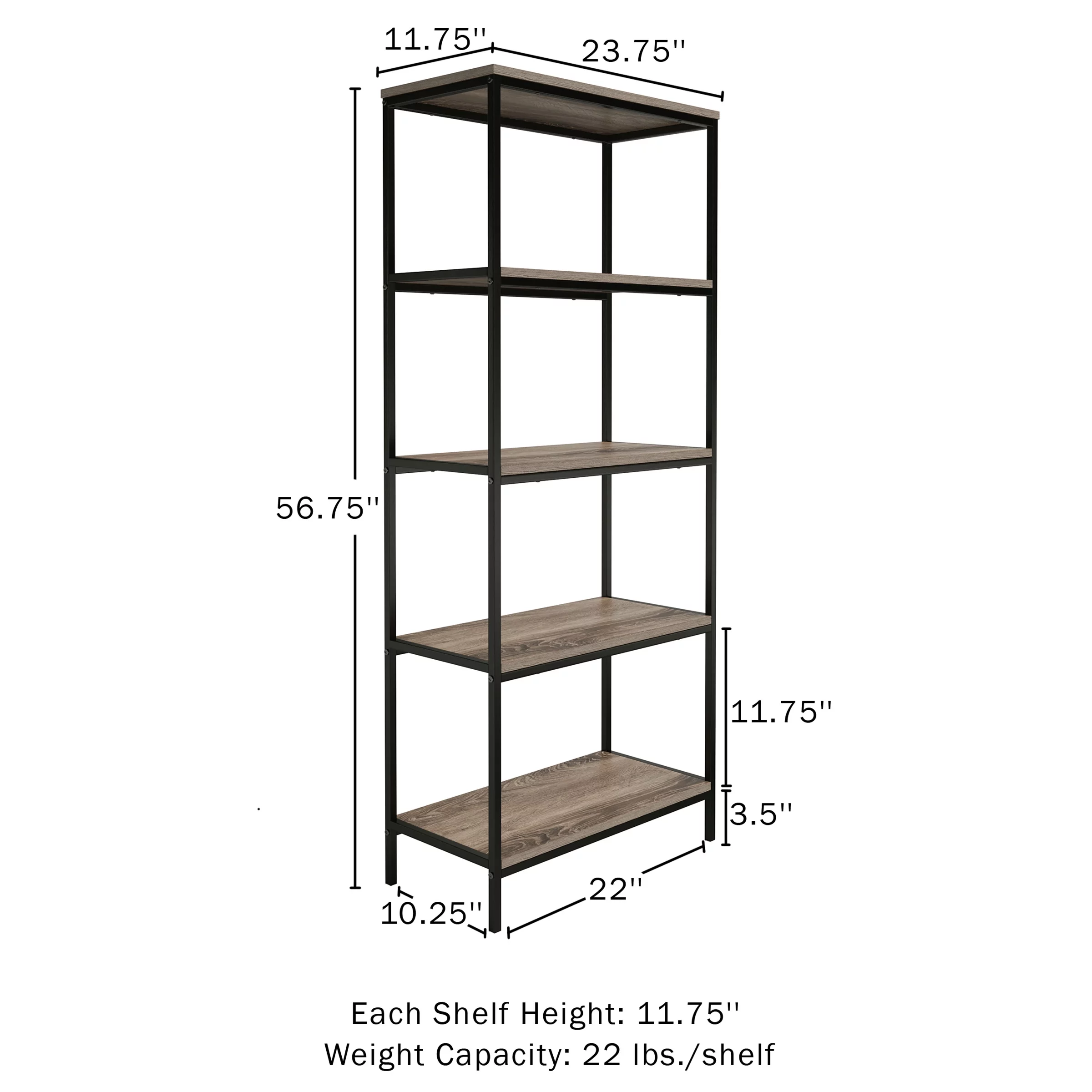 Somerset Home 5 Tier Bookcase, Open Industrial Style, Black