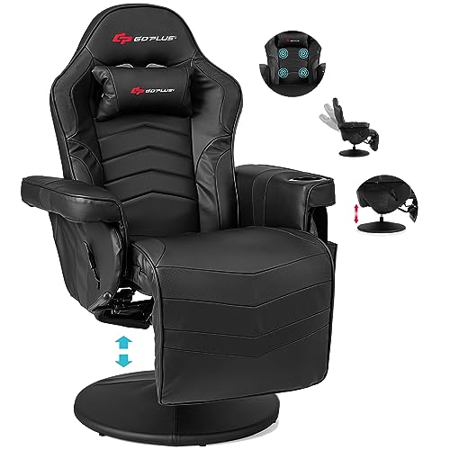 POWERSTONE Gaming Recliner Massage Gaming Chair with Footrest Ergonomic PU Leather Single Sofa with Cup Holder Headrest and Side Pouch, Adjustable Living Room Chair Seating, Black
