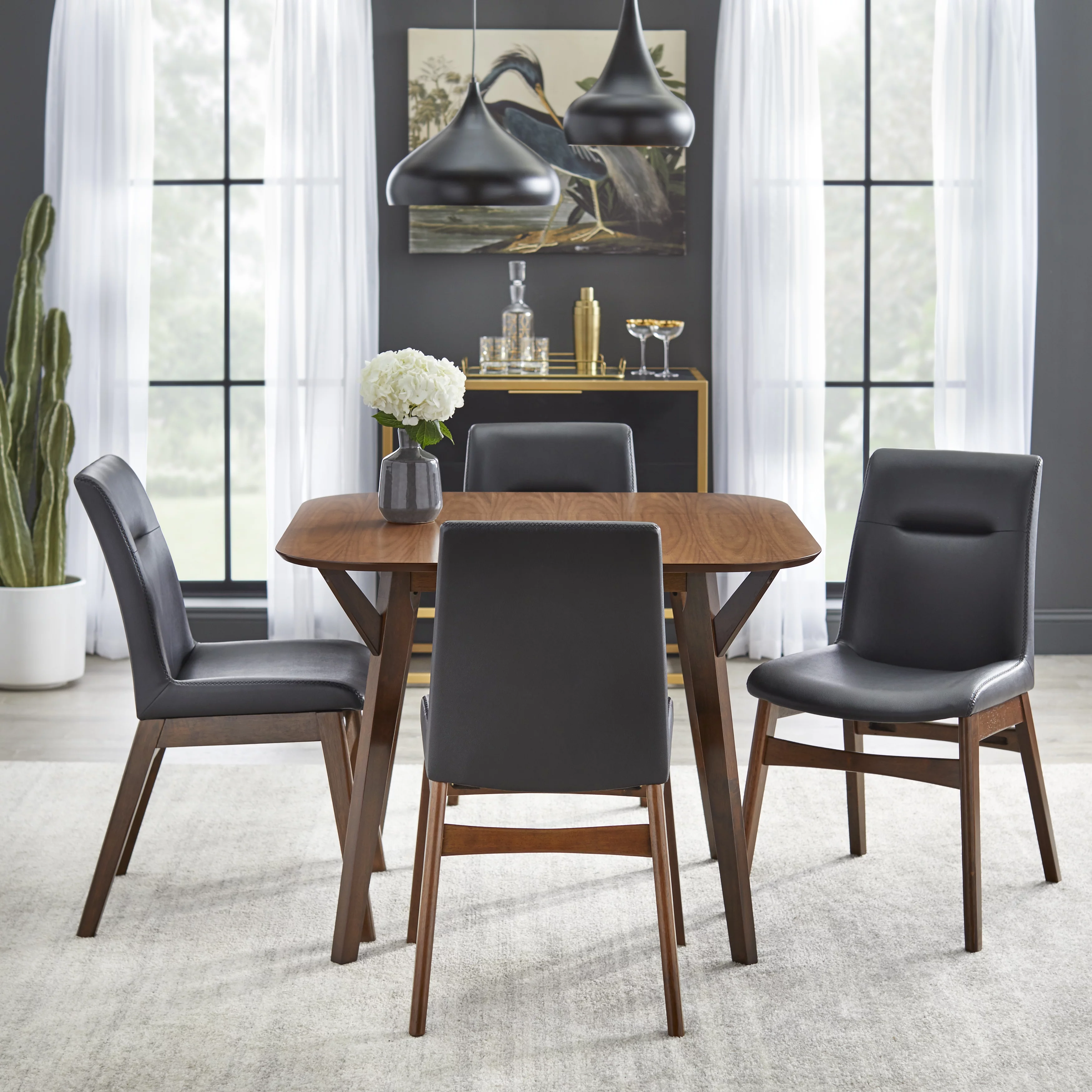 TMS Vance Mid-Century Faux Leather Dining Chair, Set of 2, Black/Walnut