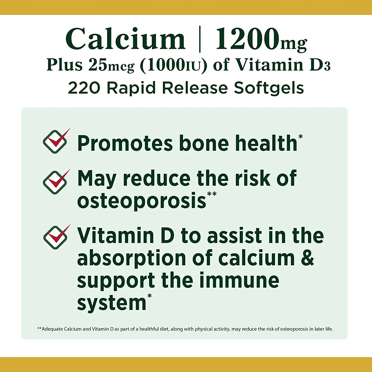 Nature's Bounty Calcium 1200mg Plus 1000IU Vitamin D3, Softgels 220 ea (Pack of 3)