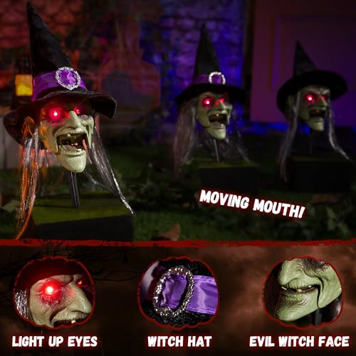 Halloween Animatronics Witch Pathway Markers Decorations, 3Pack Animated Talking Stakes, Scary Decor with Sound Activated, Light Up Eyes, Mouth Move, Haunted Holiday Horror Prop for Lawn Yard, Outdoor