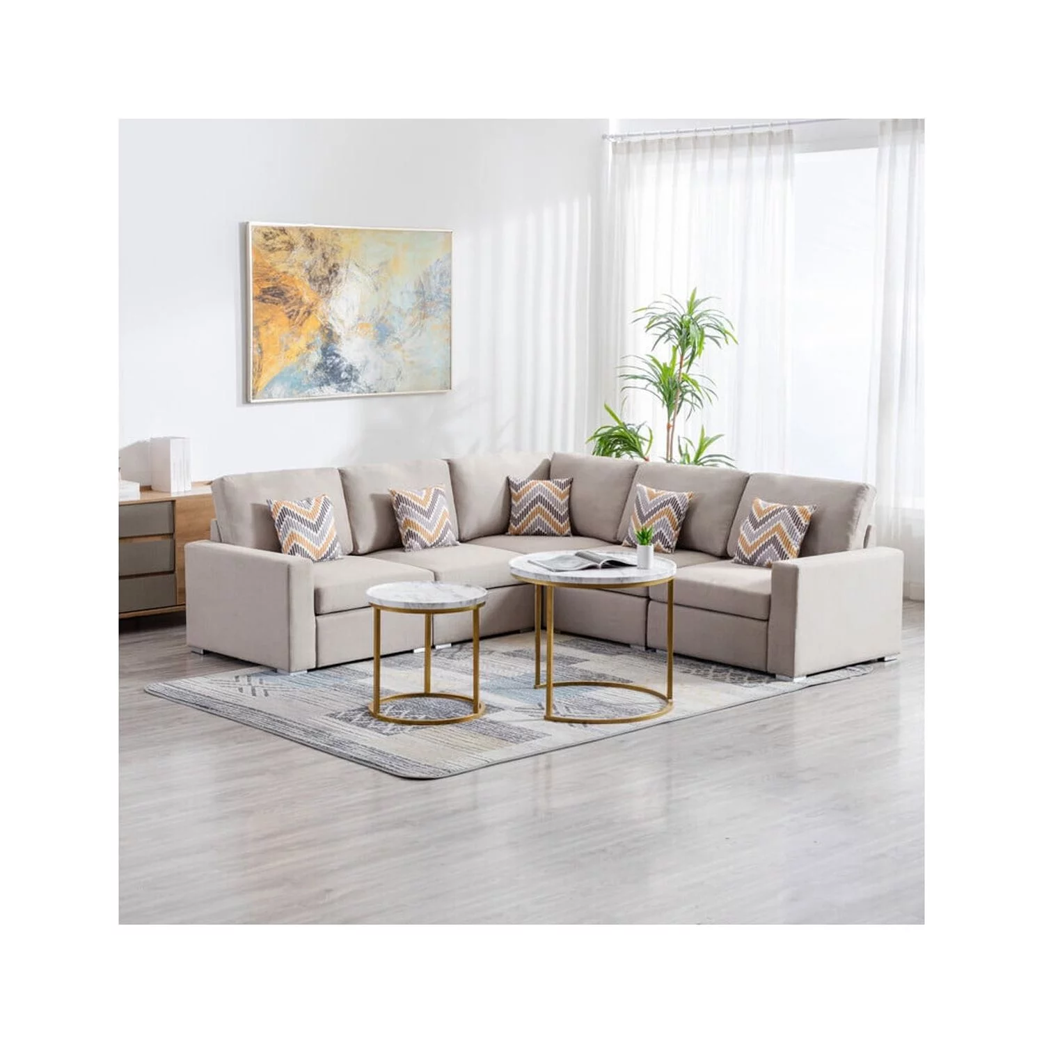 Homestock French Country Linen Fabric 5Pc Reversible Sectional Sofa with Pillows and Interchangeable Legs