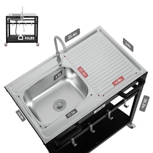 35” Outdoor Grill Cart with Sink, Outdoor Kitchen Sink Station with Hose Hook Up, Free Standing Sink with Wheels, 304 Stainless Steel Sink with Single Bowl, Outdoor Utility Sink with Faucet