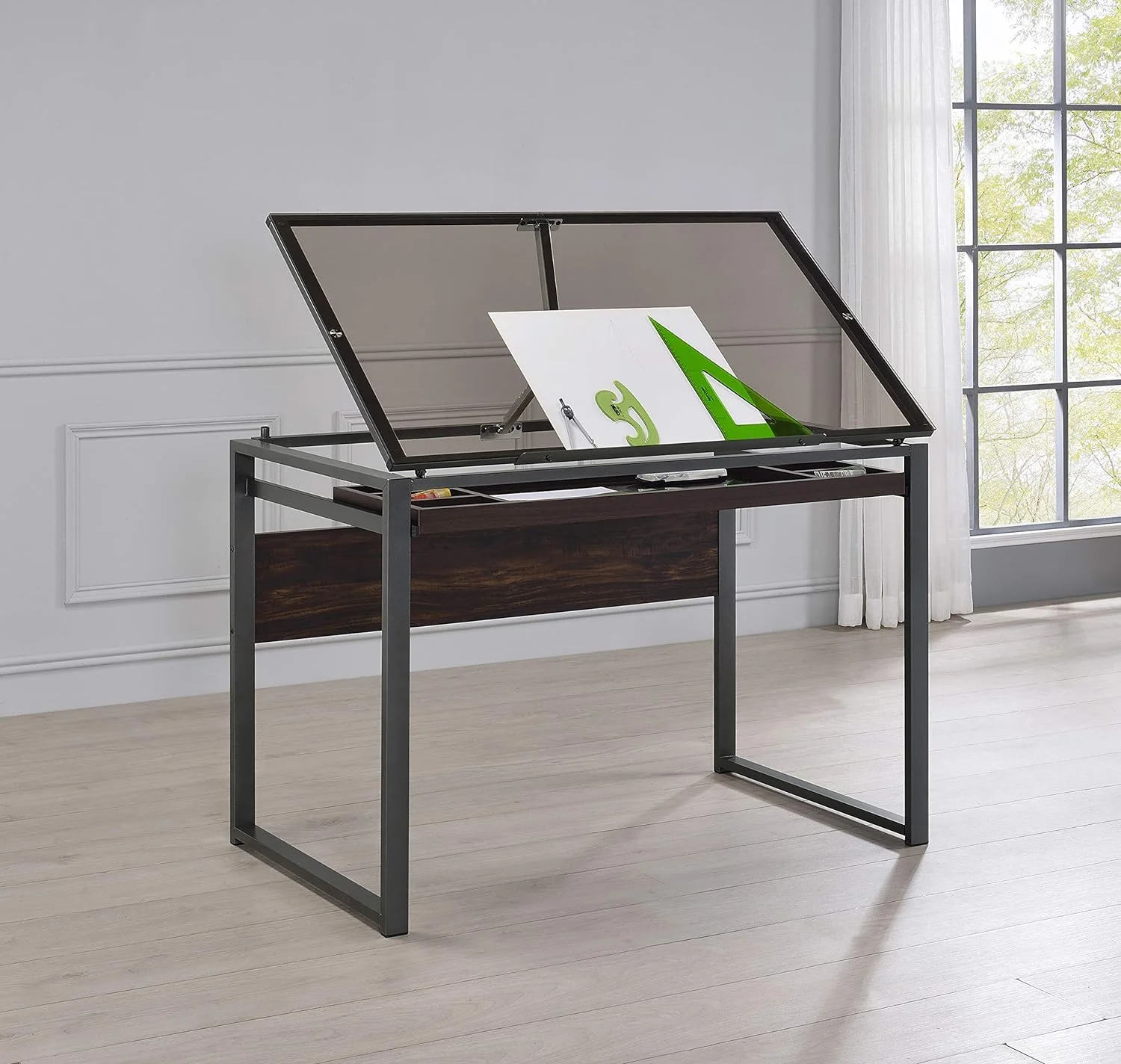 KBANZIBIU Pantano Glass Top Dark Gunmetal and Chestnut Drafting Desk 805571
