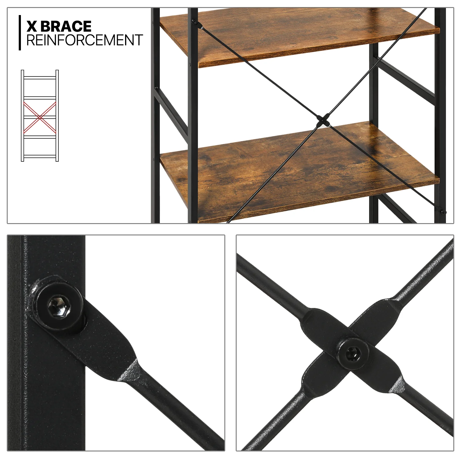 MoNiBloom 5 Shelves Rustic Bookcase, Industrial Shelf Unit, with Metal Frame Modern Office Home Display Shelves, Brown