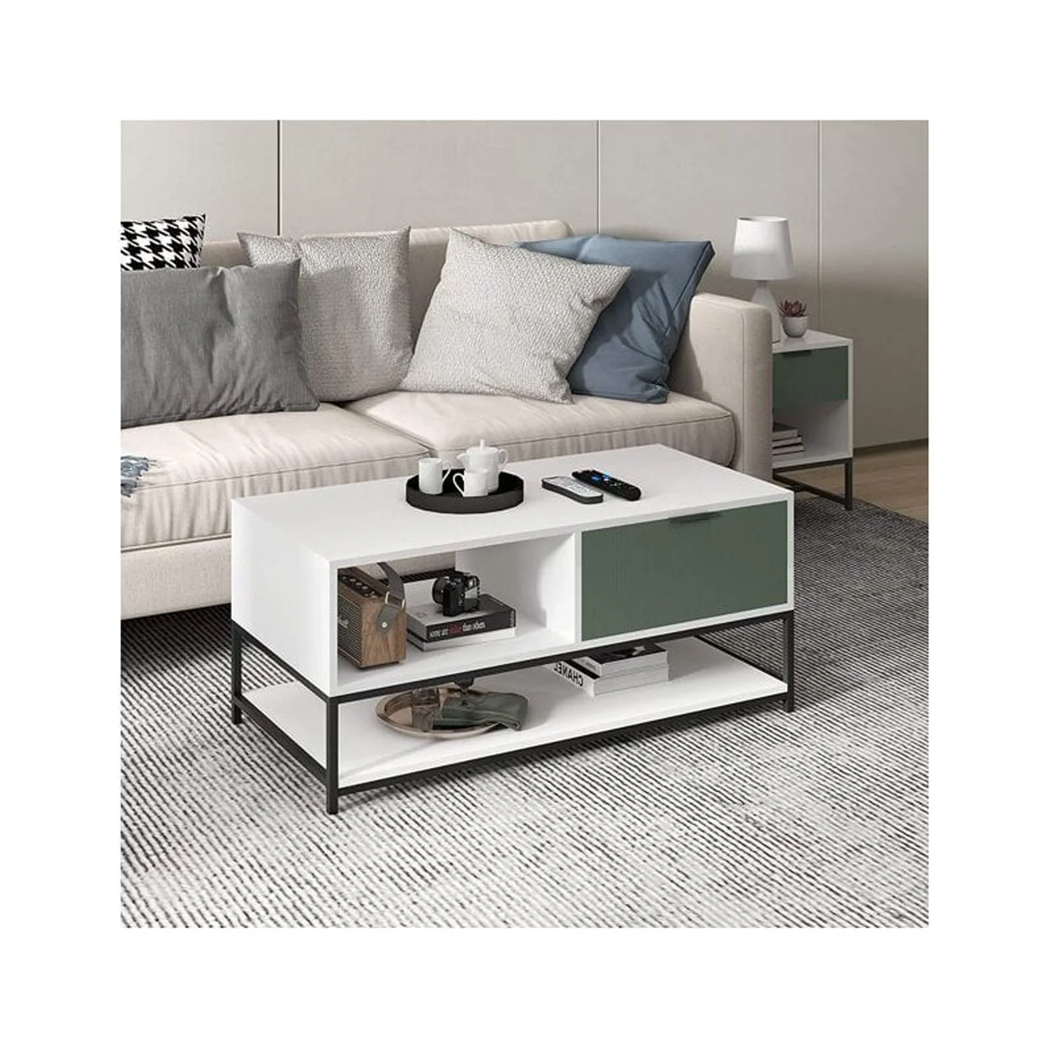 Homestock Victorian Vintage Wood Coffee Table Steel Frame with Shelves and Drawer