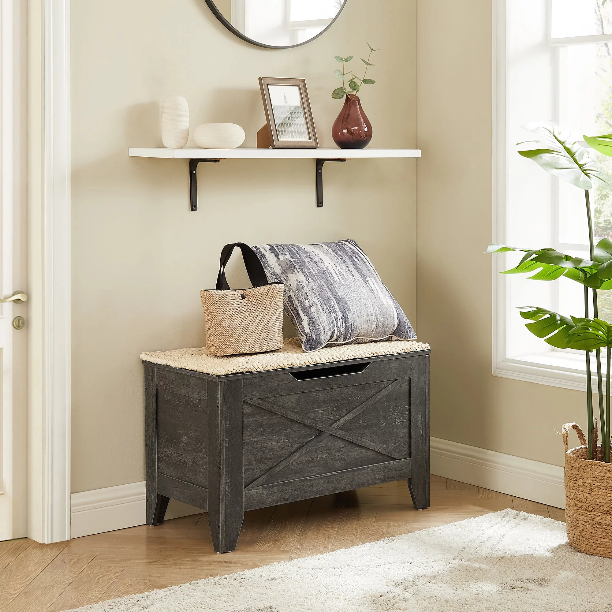 VECELO 30 in Storage Ottoman Bench with U-Shaped Cut-Out Pull, Wooden Toy Box Storage Chest with Safety Hinge, Shoe Bench, for Entryway, Living Room, Bedroom, Charcoal Gray