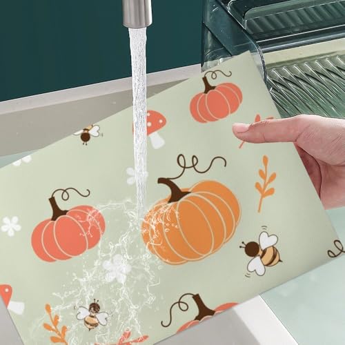 Kitchen Placemat Faux Leather Cartoon Pumpkin Bee 12 X 18 Inch Plate Placemats Cute Autumn Bees Dining Table Insulating Mats Placemats Waterproof Festival Party Thanksgiving Table Pack of 6