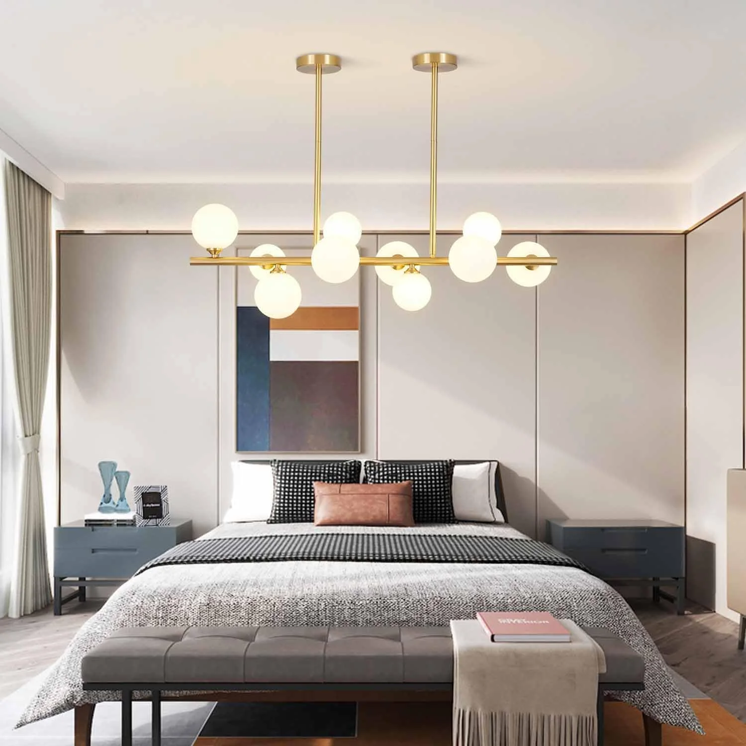 WANHUI Modern Gold Globe Sputnik Chandelier Mid Century Brass Linear Chandelier 10-Lights Frosted White Glass Ball Pendant Light Ceiling Lamp Dining Light Fixture Over Table