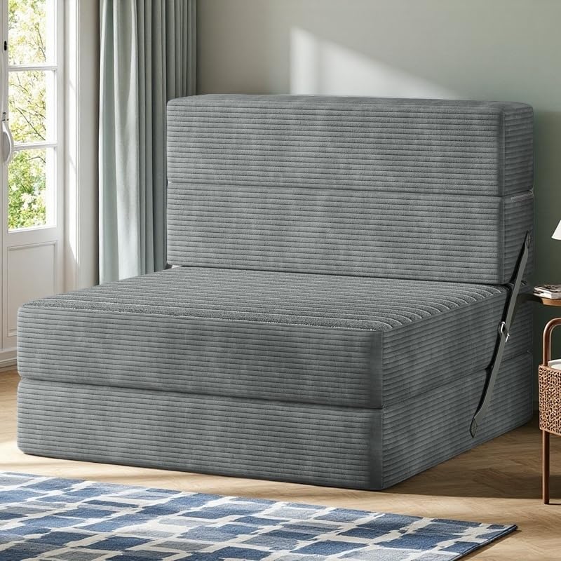 YITAHOME Convertible Folding Sofa Bed, Corduroy Fabric Fold Out Chair Bed, High-Density Memory Foam Floor Futon Couch for Living Room Bedroom Guest Use Apartment, Grey, Twin Size