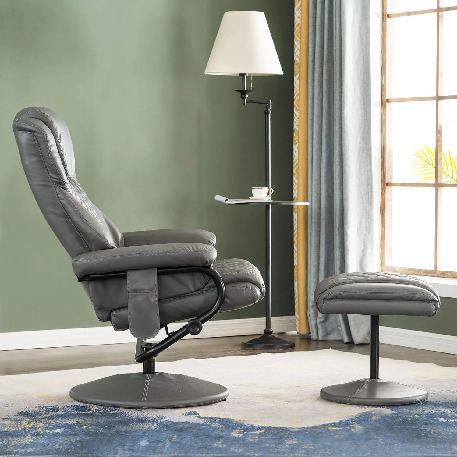 Recliner With Ottoman, Reclining Chair With Massage, 360 Swivel Living Room Chair Faux Leather, 4901 (Grey)