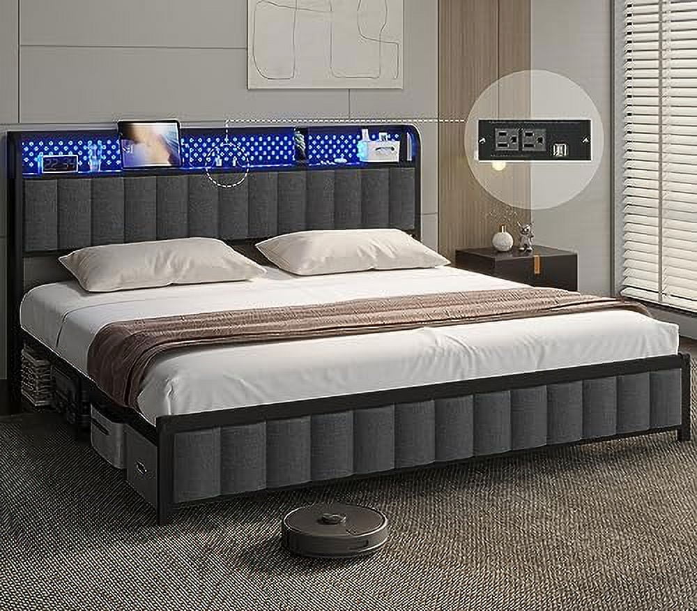 HOOMZNB Queen LED Bed Frame with  Headboard  Queen Size Bed Frame with Outlets & USB Ports  Upholstered Platform Bed with LED Lights &  Space  No Box Spring Needed Dark Grey
