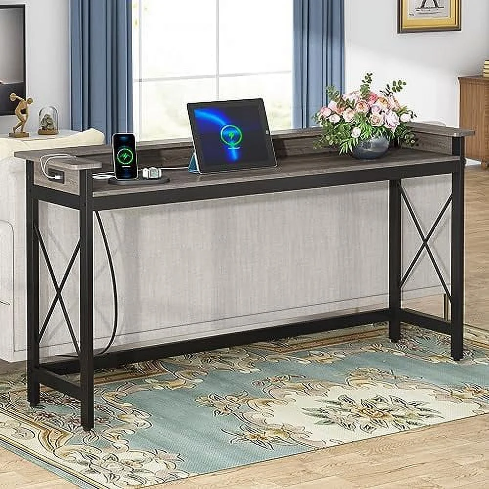 Sofa Table with Outlets and USB Ports  70.9 inch Extra Long Console Table Behind Couch with Charging Station  Industrial Narrow Entryway Hallway Accent Table for Living Room