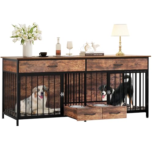 DWVO Double Dog Crate TV Stand with Dog Feeder, 74.8