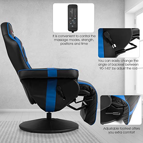 Goplus Massage Gaming Chair, Racing Style Gaming Recliner w/Adjustable Backrest and Footrest, Ergonomic High Back PU Leather Computer Office Chair Swivel Game Chair w/Cup Holder and Side Pouch
