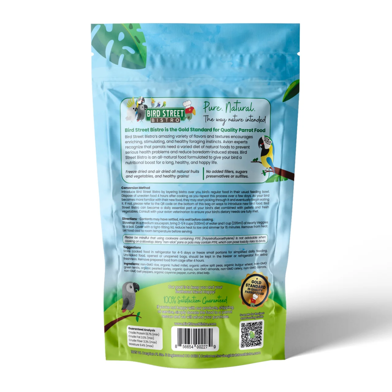 Bird Street Bistro Hearty Veggies Parrot Food Cooks in 3-15 Min Natural Grains