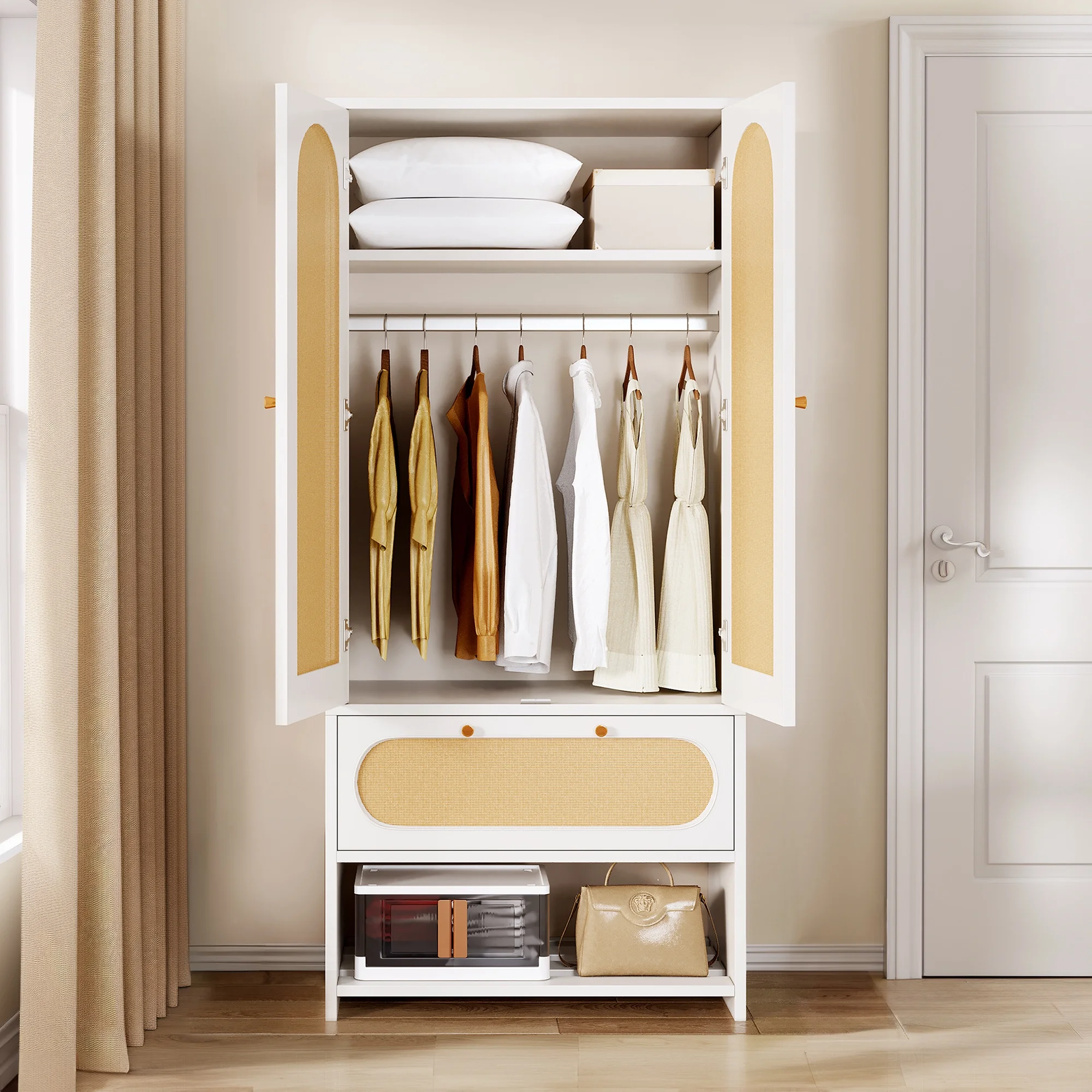 Dextrus Natural Rattan Armoire Wardrobe Closet Cabinet with 2 Doors, Armoire Storage Cabinet with Drawers and Hanging Rods, Wooden Closet Organizer for Hanging Clothes with Shelves & Steel Stand